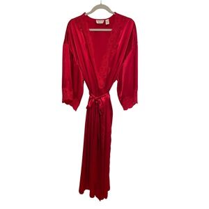 Vintage Victoria's Secret Long Robe Kimono Gold Label Red Satin Lace Trim  M/L